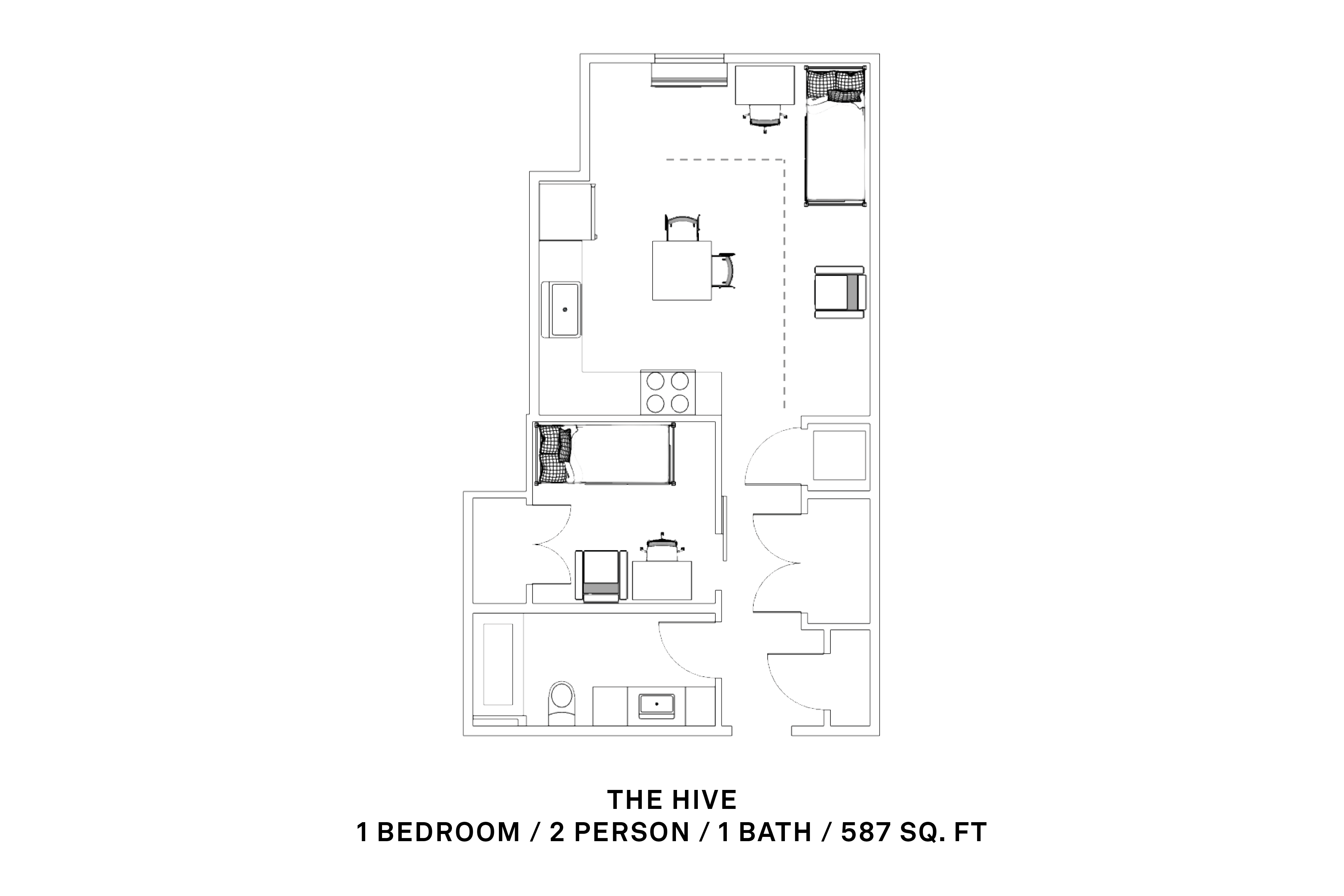 1 bedroom, 2 person, 1 bath; 587 sq ft