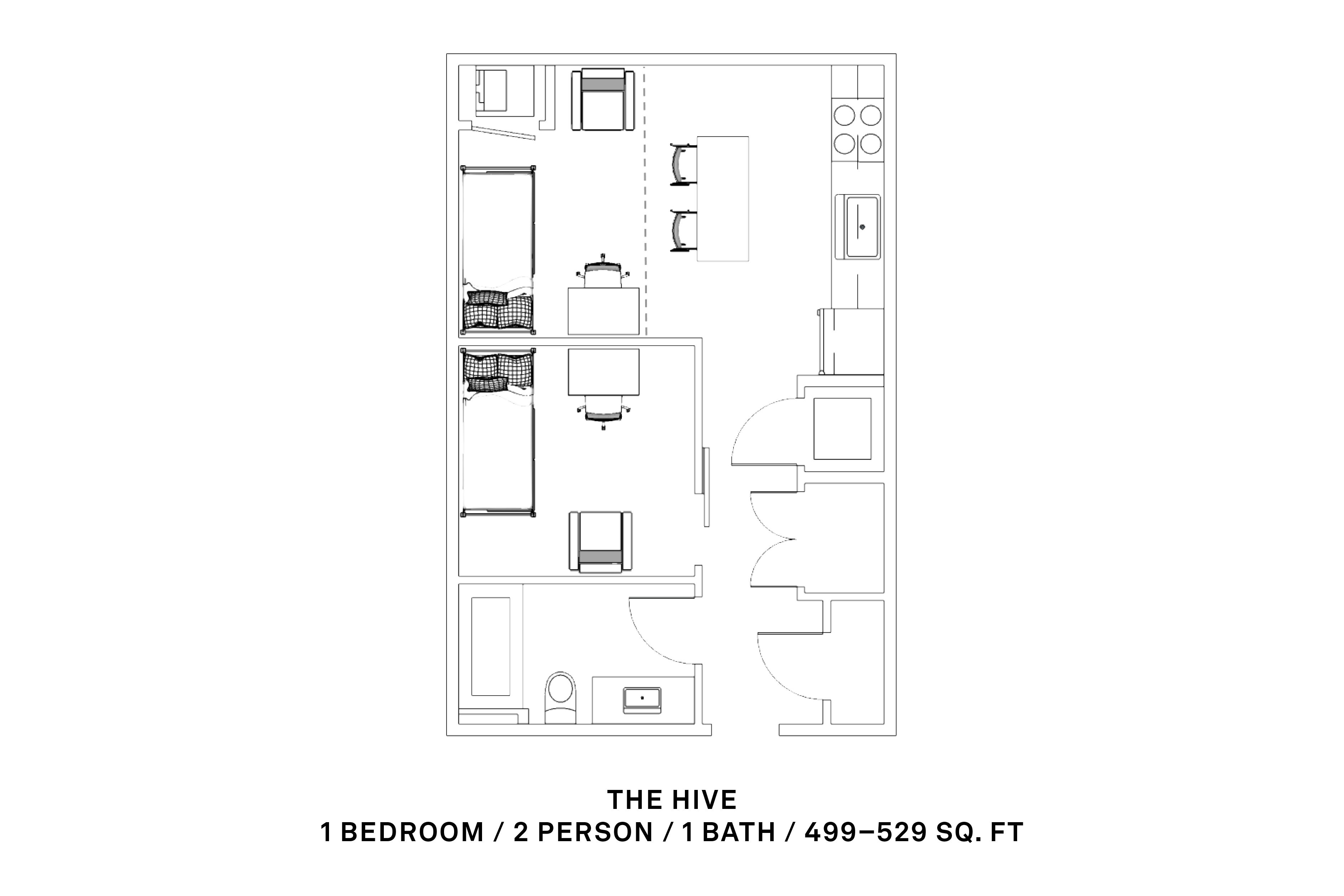 1 bedroom, 2 person, 1 bath; 499–529 sq ft