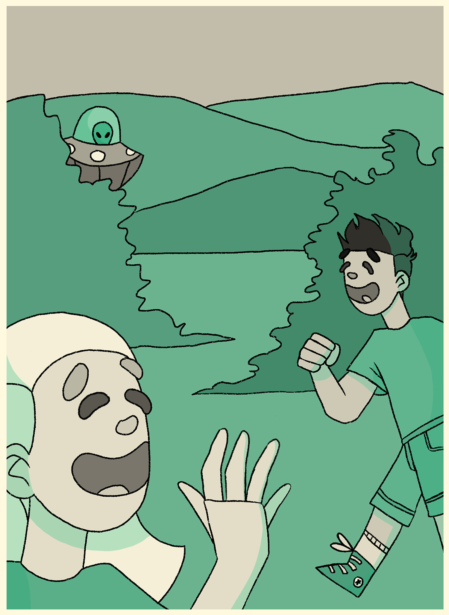 Illustration student work in shades of green and grey showing a grassy, hilly outdoor scene with two cartoon figures in the foreground. An alien in a small ship hides behind a bush.