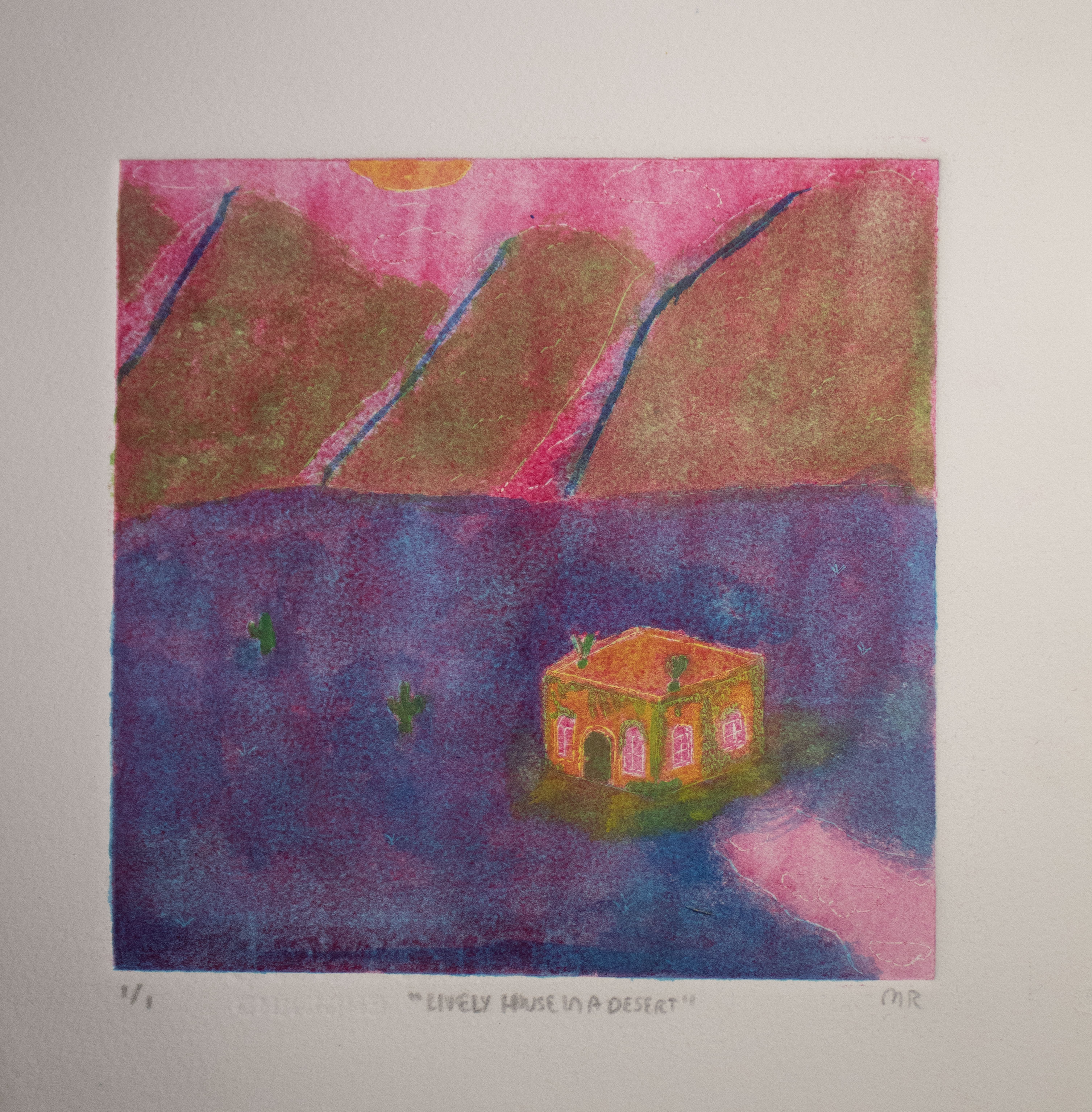 "Lively House in Desert" intaglio monoprint by Mitzy Rivas