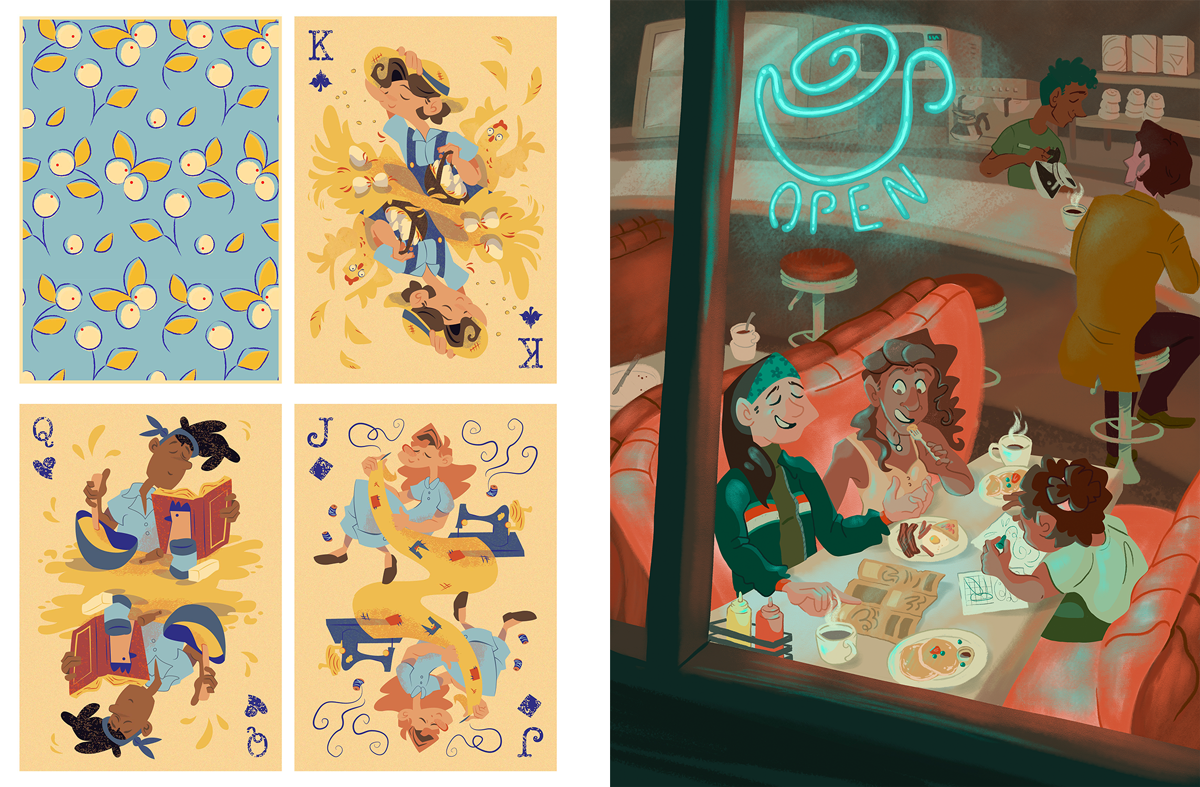 Digital illustrations of playing cards and people in a cafe