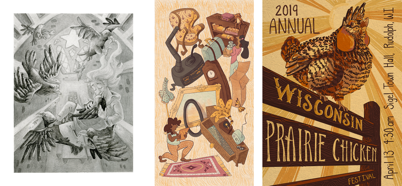 three illustrations: a portrait; stacked furniture; poster for the WI prairie chicken festival