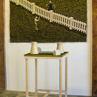 Tom Gormally, Good Fences Make Good Neighbors, 2004-2010, cotton weave with wool/rayon felt backing (tapestry), and wood, plastic, and turf (sculpture)