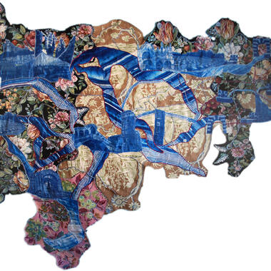 Ariella Schreck & Victoria Martinez, Intercepted Boundaries, 2011, fabric, yarn, and cyanotype Dimensions: 30”x 60”