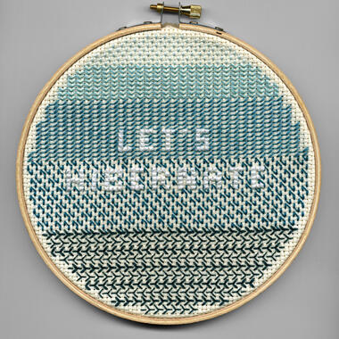 Jessica Sowls, Let's Hibernate, 2008, cotton and synthetic thread, cotton fabric, wood and metal hoop 6.5”x 6.5”x .5”