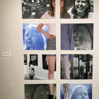 Multiple photos hung 2 across and 4 up on a wall, showing a student's body in 8 parts with various images of the student comprising the background 
