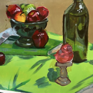 Still life painting with a bright green table cloth, a bowl of fruits, a green bottle, and a few loose fruits.