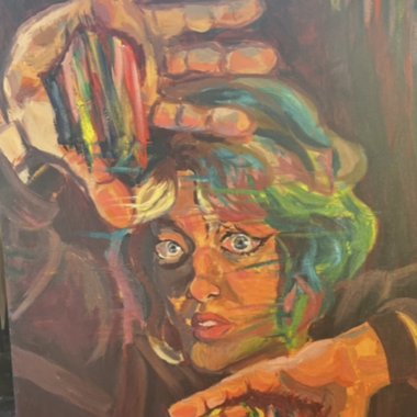 Painting depicting a person with the palms of their hands facing the viewer. Rainbow colors flow from the hands.