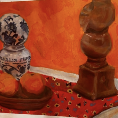 Still life in orange featuring an orange background, red patterned table cloth, oranges in a basket, and two ornate but abstract structures.