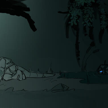 Illustration of a night scene, featuring a figure crawling away from a pond, holding and looking at a bright blue butterfly