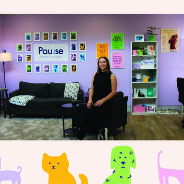 Artwork by Gabby Hicks: installation of a purple waiting room at a therapist's office. Gabby's designs are used in marketing and promotional materials for her therapy brand, Pawse.