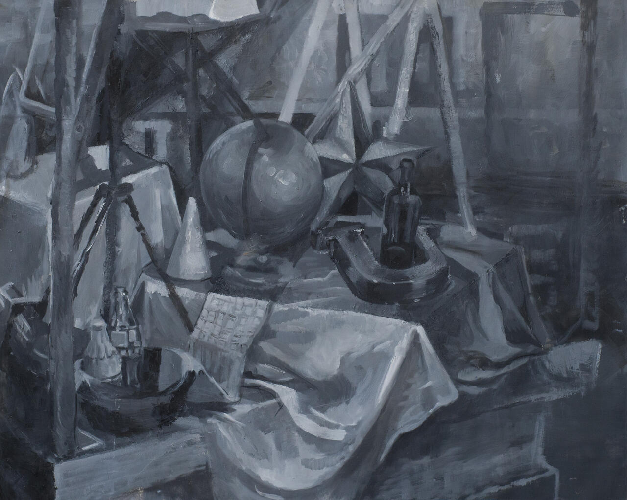 Multivalued still life painting rendered in cool gray tones. 