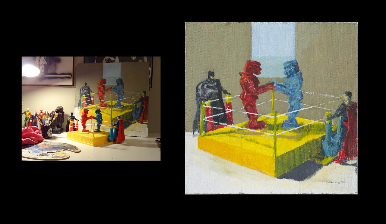 Dual photograph of an oil painting of Rock em Sock em and the painting on display.