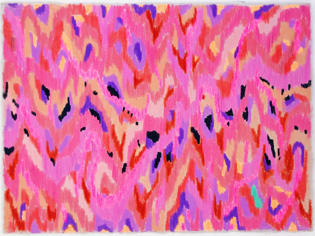 An abstract pink, red and purple toned painting.