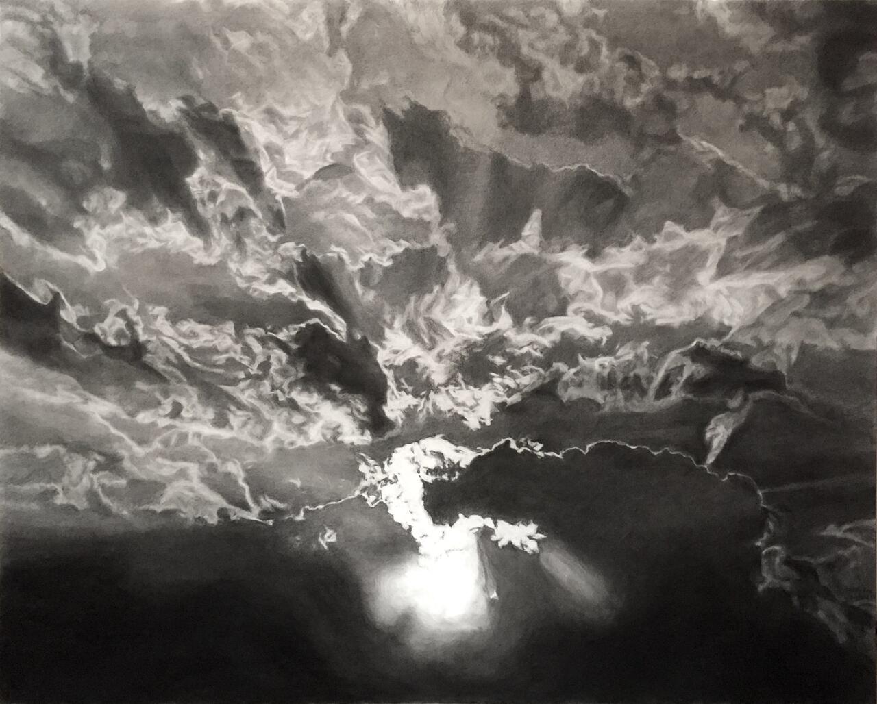 A hyper-realistic charcoal drawing of a sky landscape with the sun poking through.