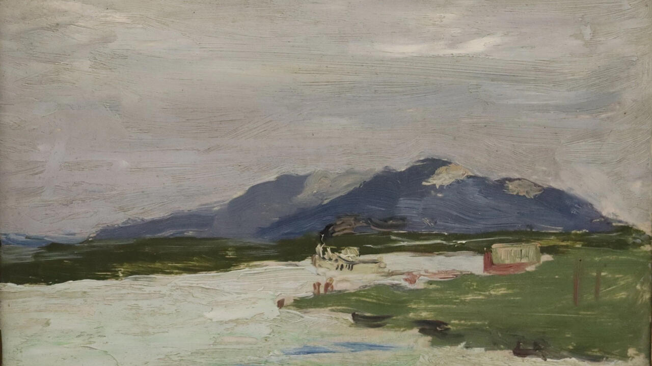 An oil painting of a landscape of a mountain, and a green bay