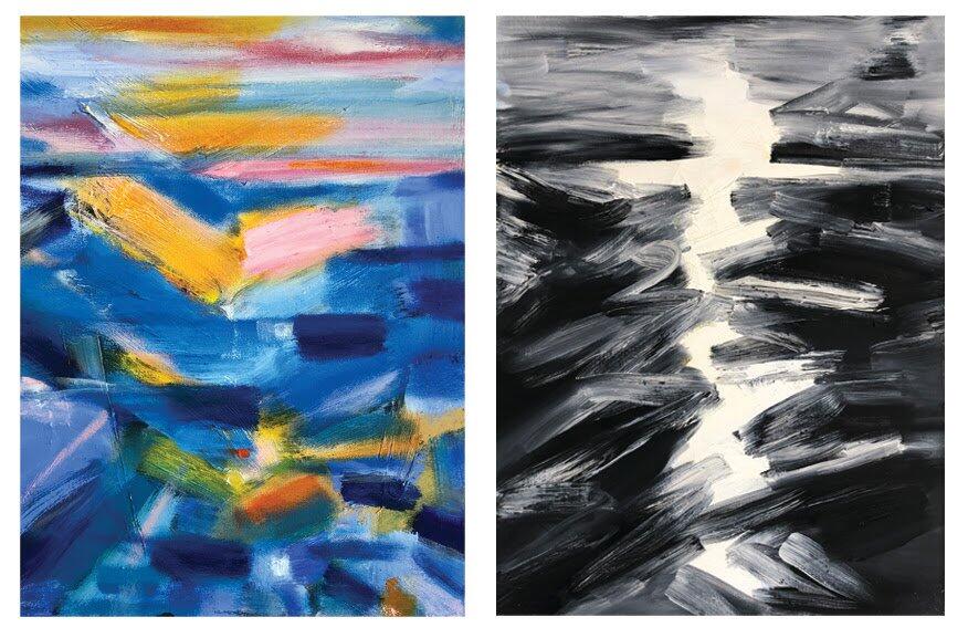 Two paintings from Elizabeth Erickson side by side, one with yellow, blue and pink colors, the other purely in black and white