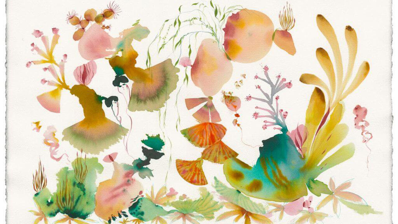 Watercolor painting of different cool tones shapes making up different tropical animals and plants