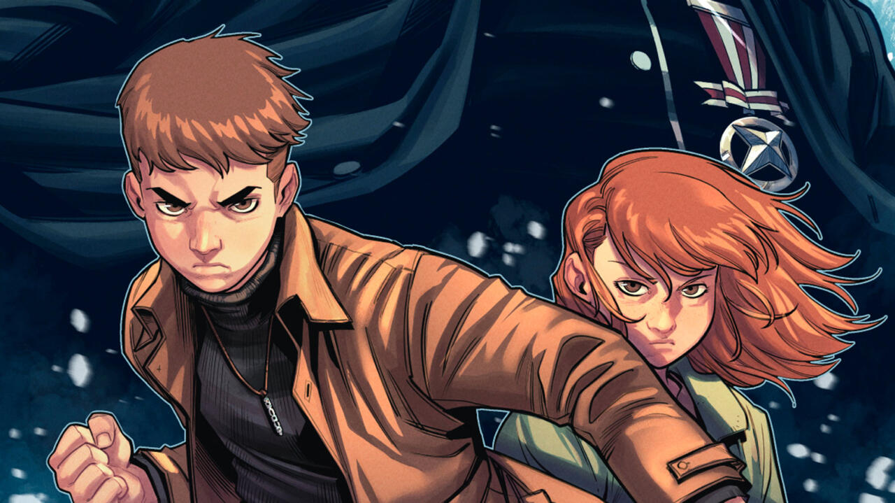 A digital drawing of a brown haired boy and a ginger girl both in action poses infront of a dark blue man in the background