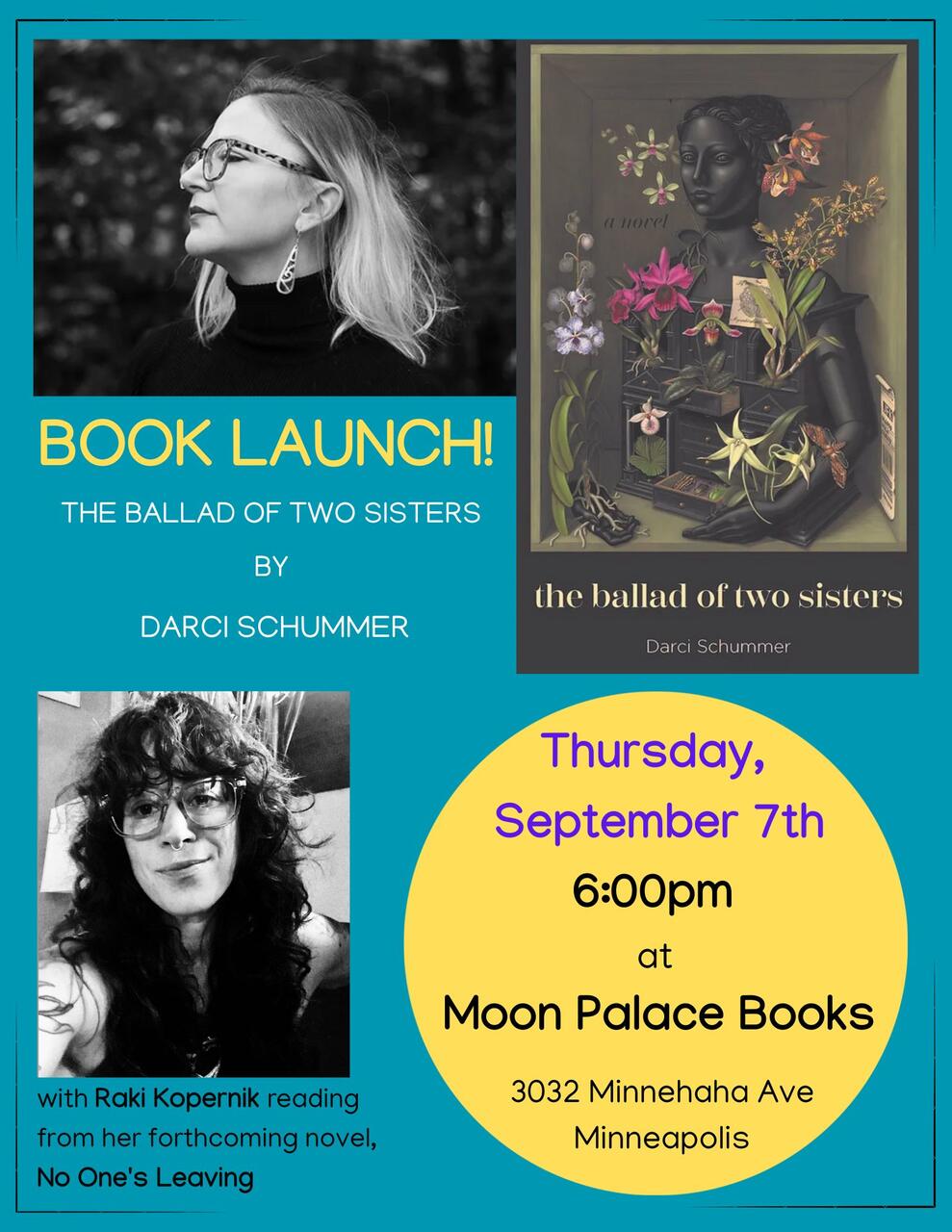 A promotional flyer promoting a book launch in Minneapolis.
