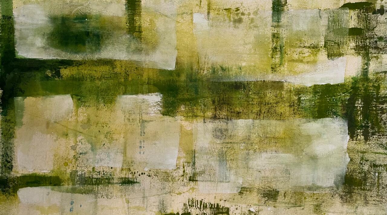 An abstract painting consisting of earthy dark greens