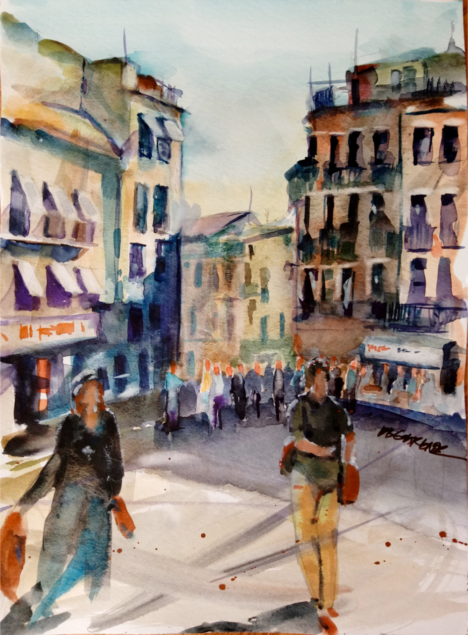 A watercolor painting of a city plaza in Spain.