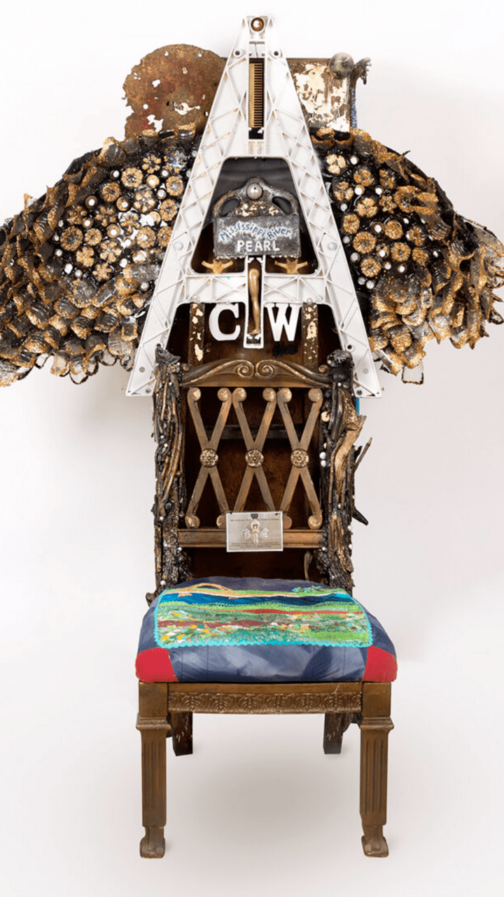 An image of a chair with various things glued onto it, titled "Mississippi River Pearl".
