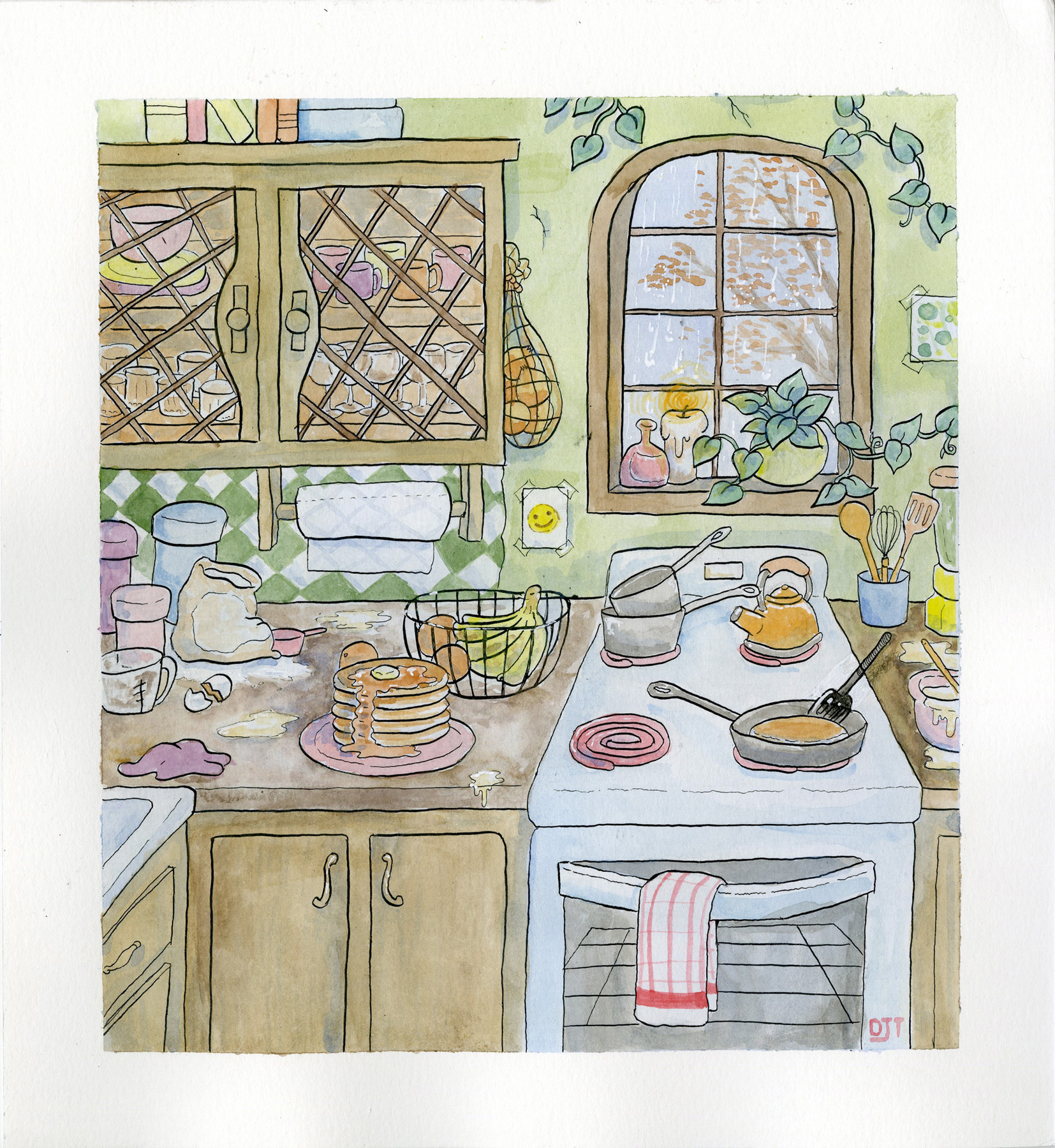 Illustration of a kitchen with a meal cooking on the stove