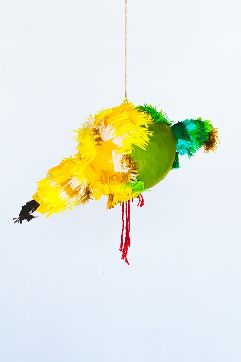 Carolina Borja, A Bird in the Hand is Worth Two in the Bush, 2015, paper mâché, crepe paper, tissue paper, found sticks, thread. 6 ft. x 4 ft. x 8 ft. 