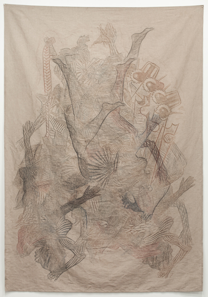 Aaron Spangler, Untitled, hard wax crayon rubbed on linen, 106” x 72”, 2011. Courtesy of the artist and Zach Feuer Gallery (New York City).