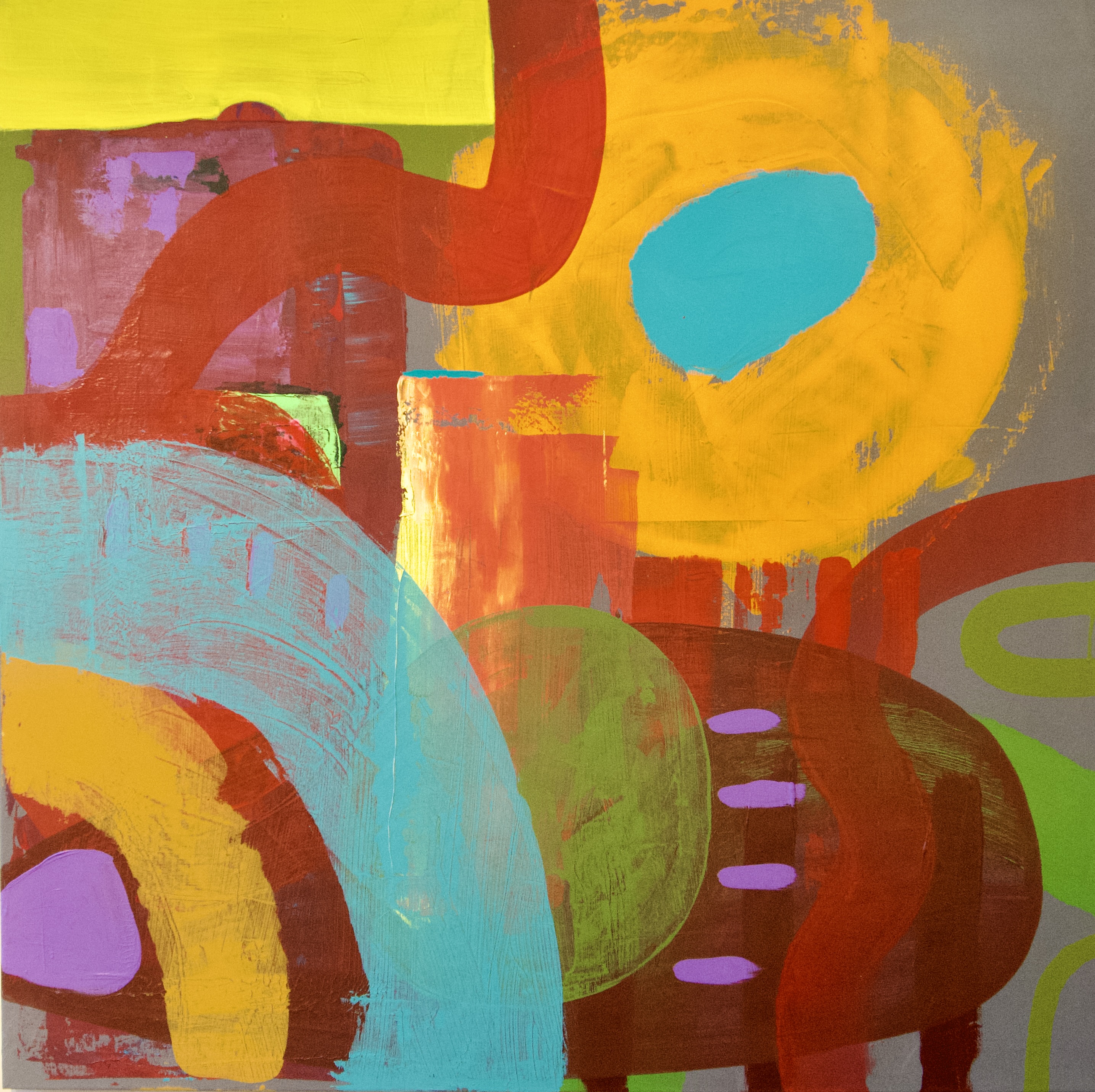 Image of one of Kevin's abstract paintings, that include large brushtrokes of bright acrylic paint.