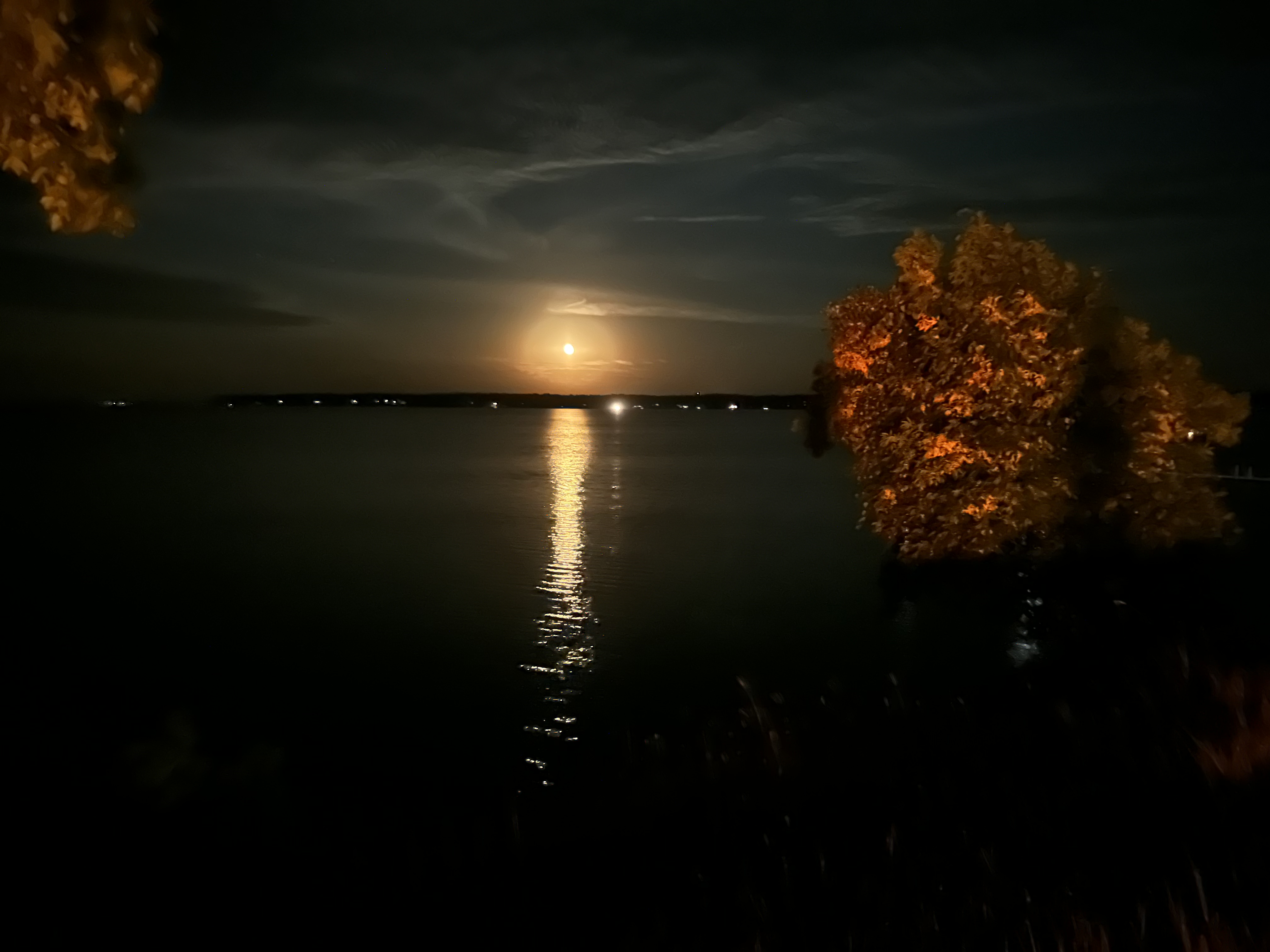 moonrise over a lake with fall foliage