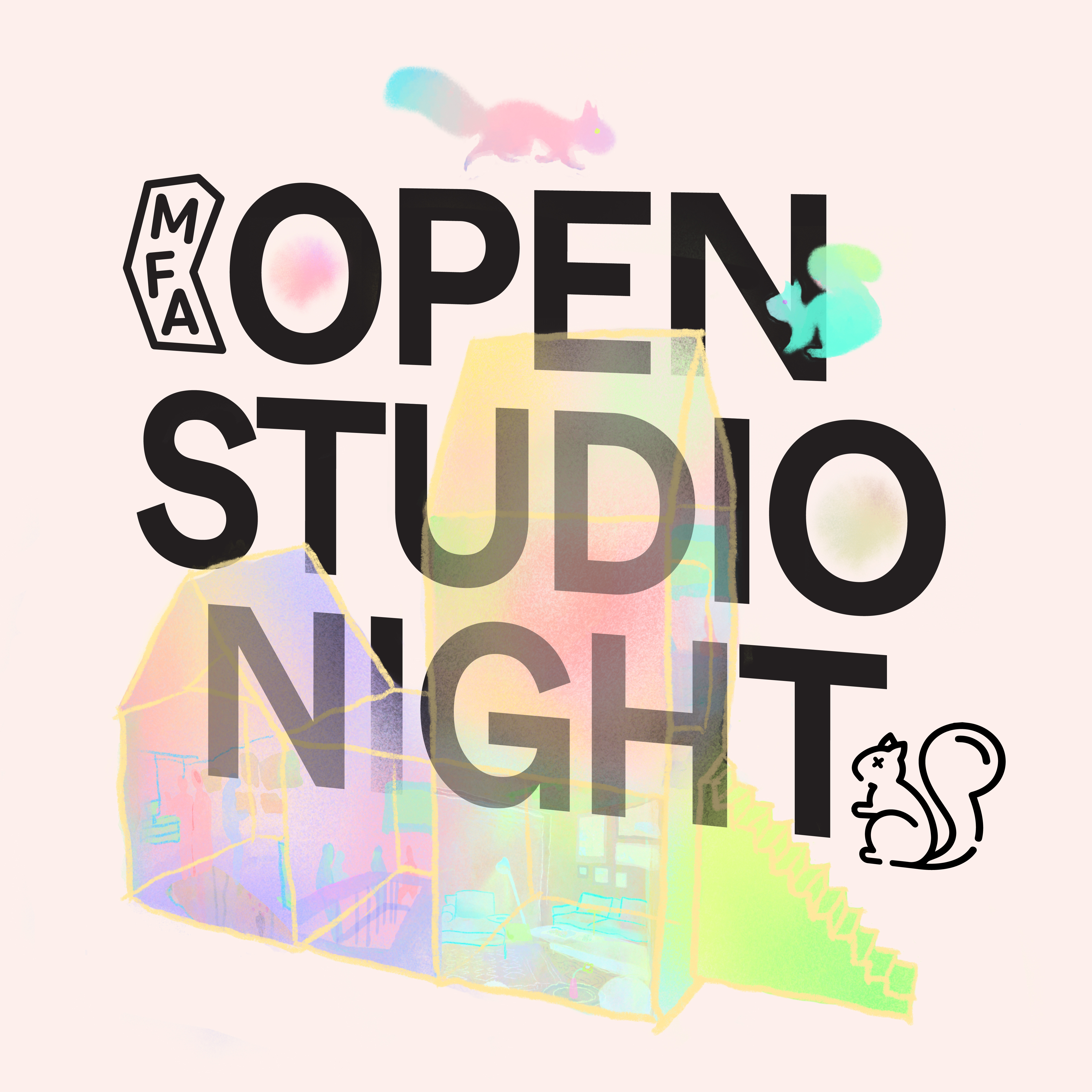 Square image poster design for MFA Open Studio Night in pastel colors with black letters.