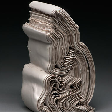 Lauren Herzak-Bauman, Stack, 2012, porcelain, 15”h x 8”w x 6”d. Photo: Rik Sferra
