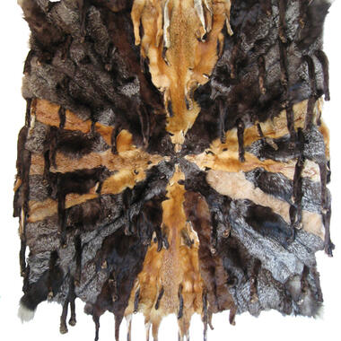 Pam Valfer, Roadkill Quilt: Starburst Quilt Throw, 2009, recycled fox fur, along with two small works from the series "Reclamation Project": Model Dimensions: 68”x 64”x 4”