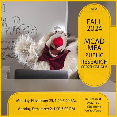 Poster image for MFA Public Research Presentations with MFA 2 Jamie Peachey's Weeny puppet speaking at a lectern in front of a whiteboard