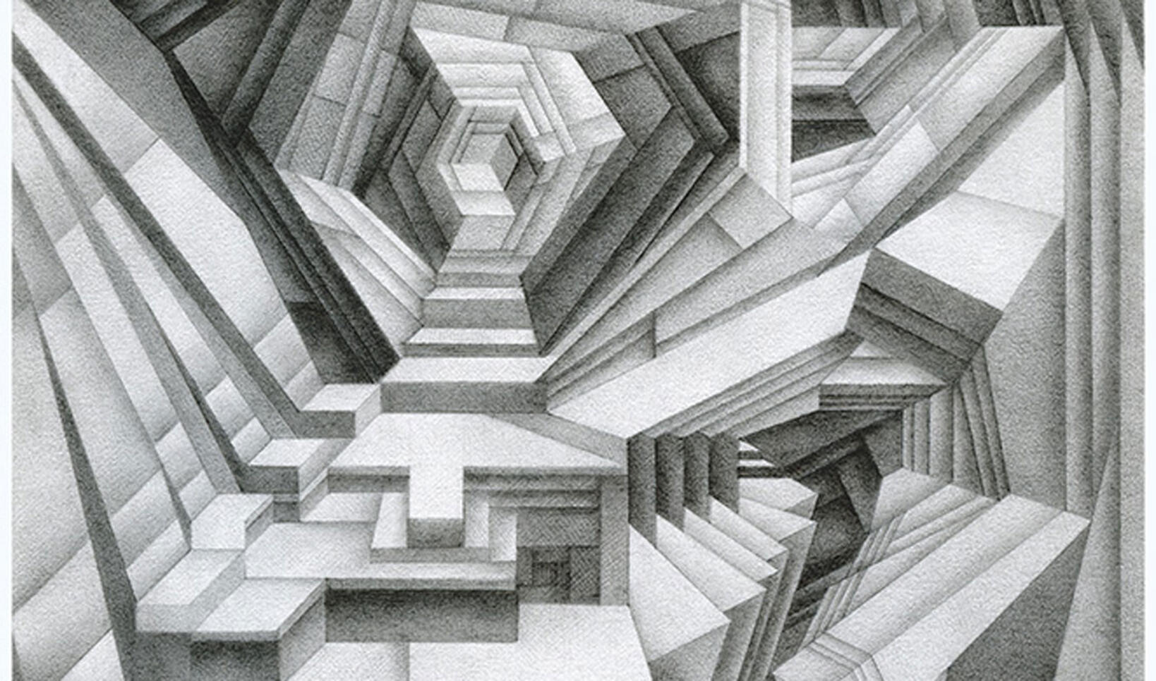 Monochromatic drawing of geometric shapes resembling steps ; Zoe Shulman