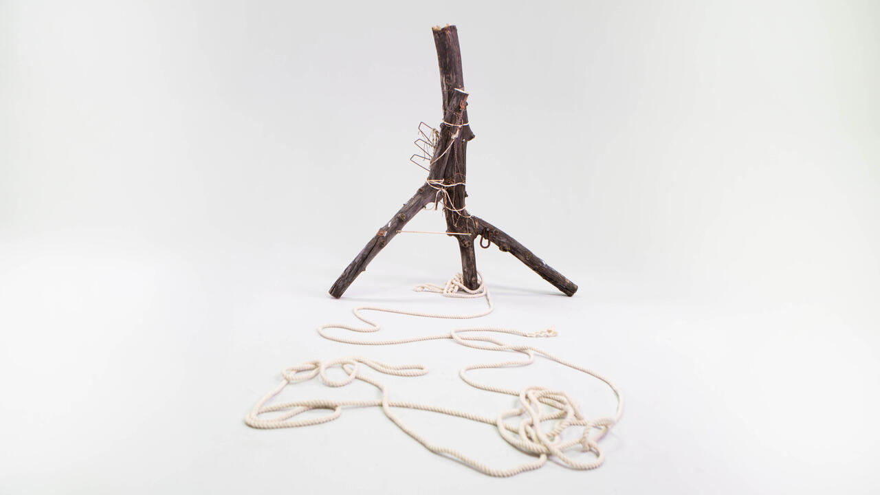 A sculpture of tree branches and string