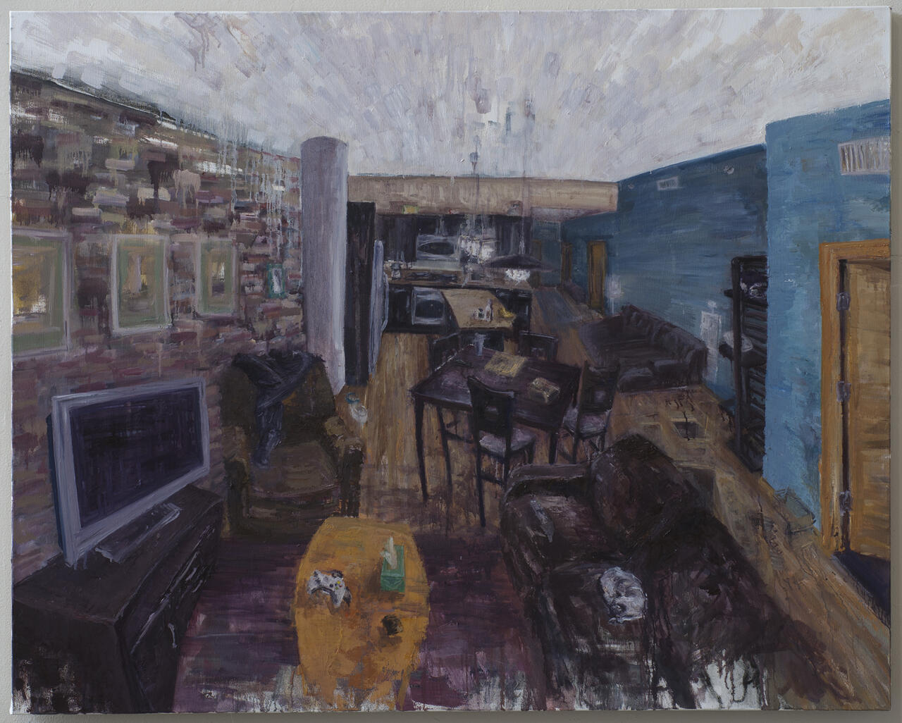 Perspective painting of a family living space with much emphasis on texture.