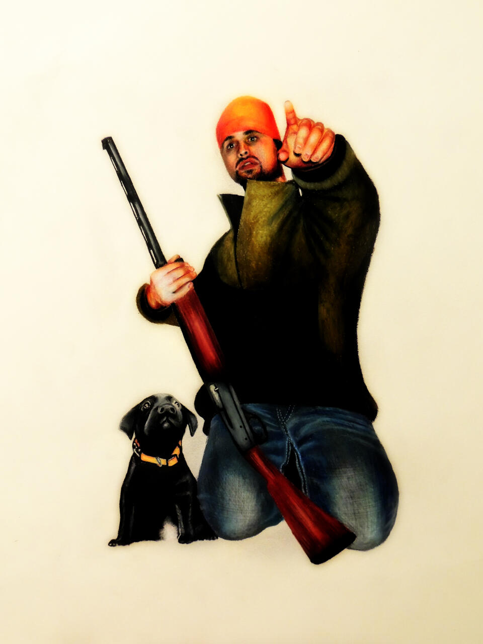 Colored portrait drawing of a hunter, their gun, and their dog.
