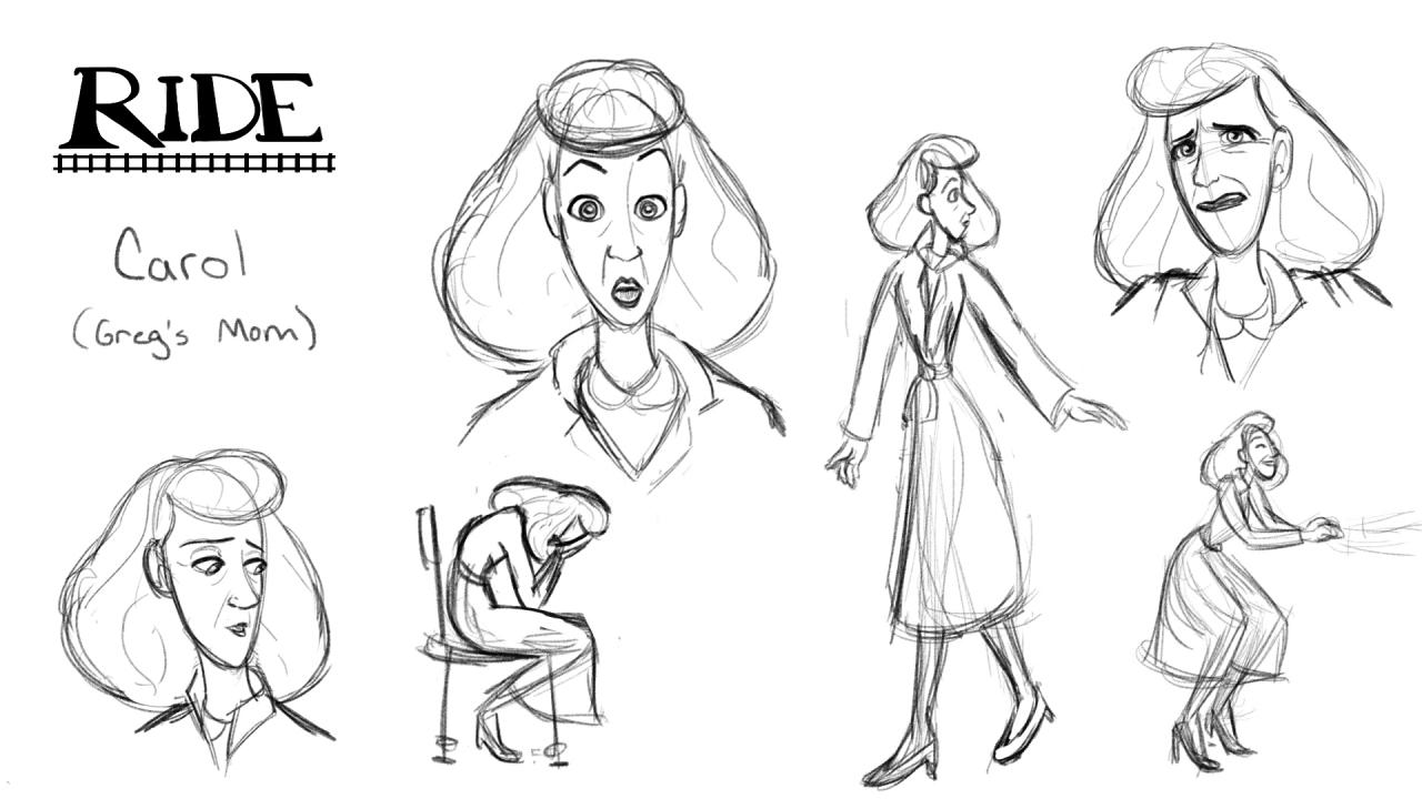 Character design sheet for story called "Ride." (Carol)