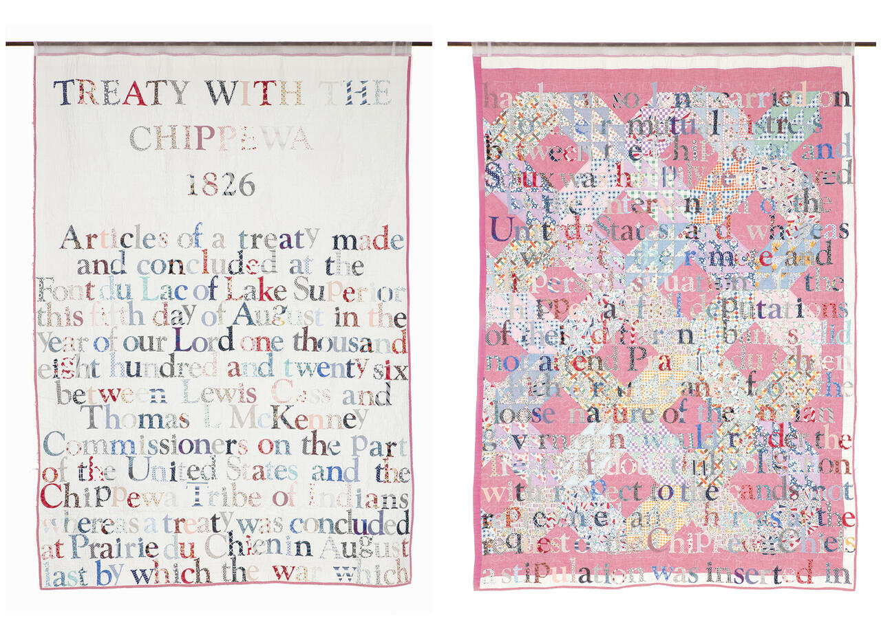Treaty with the Chippewa 1826, Broken Treaty Quilt Series, 2019, Hand-cut calico letters on antique quilt. Courtesy of Accola Griefen Fine Art