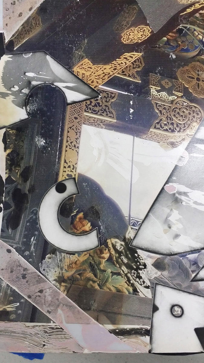 Kelsey Olson, Untitled (detail), 2017, inkjet, photogram, rubber cement, vinyl, on silver gelatin paper, 14 x 11 in.