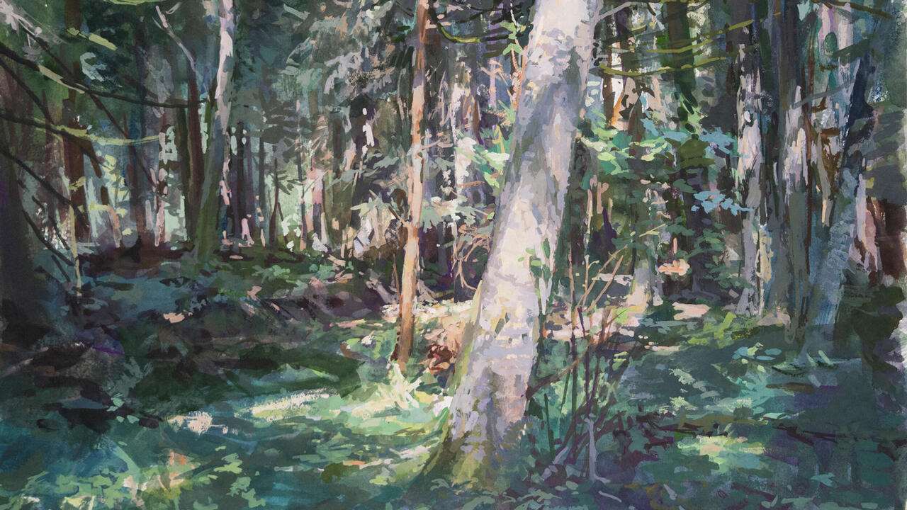 Gouache painting of the woods, the painting is done with soft looking greens and cream colors