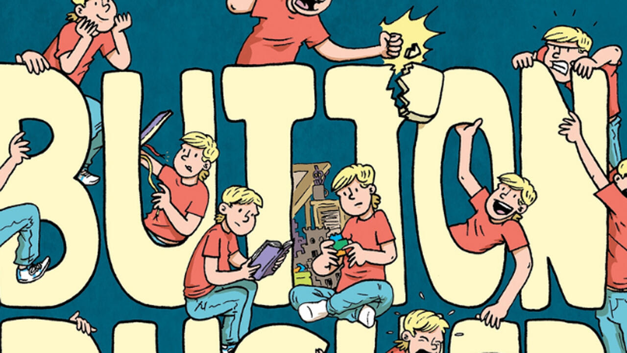 Cover of Tyler Page's graphic novel Button Pusher, in large blockish yellow letters it spells "BUTTON PUSHER" with many drawings of young boys hanging off the letters