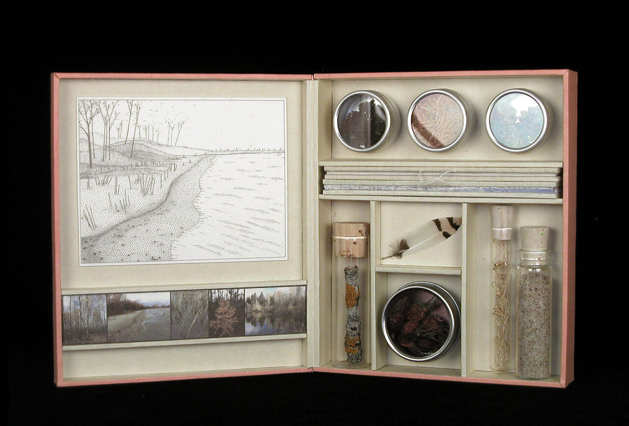 Jody Williams, Lake of the Woods, 2021, not-empty box, drawing, photographs, artist's books, specimens, 6 x 10.5 x 1.5" (open)