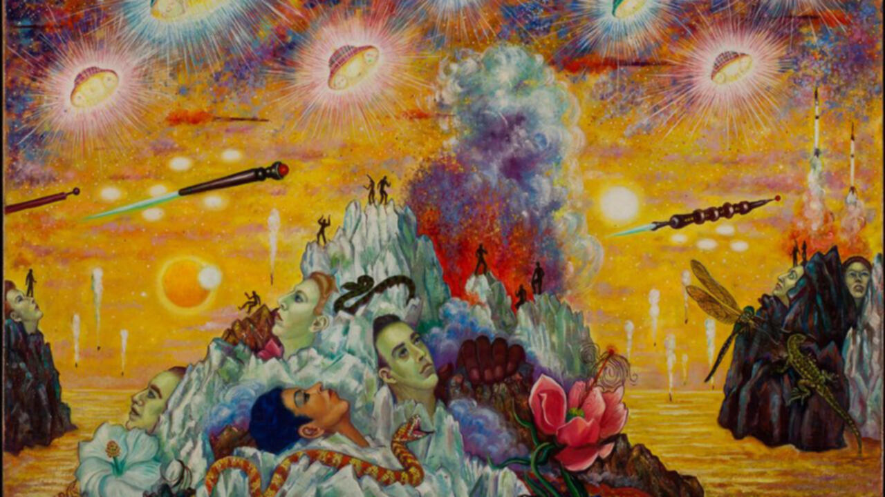 Acrylic painting of a sci fi setting with many UFOs in the air against a yellow sky and a hill that appears to be made out of ice has several human faces growing out of it.