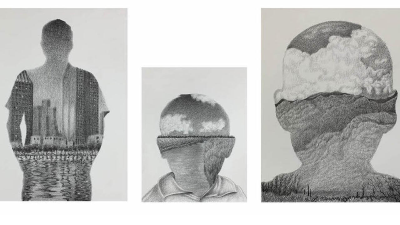 Several graphite drawings of silhouettes of people with different landscapes inside of the silhouettes