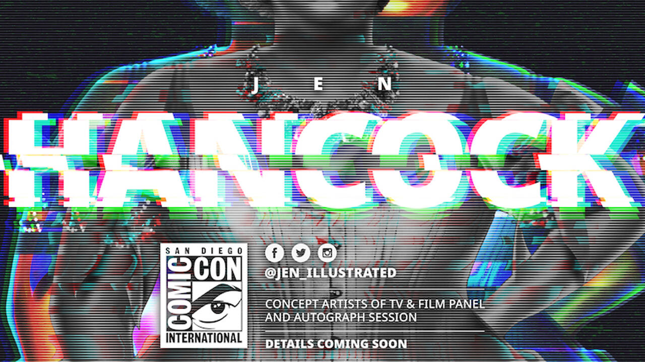 A woman stands in the background with her hands on her hips. She is wearing a corset. In bold glitching letters it reads "HANCOCK"
