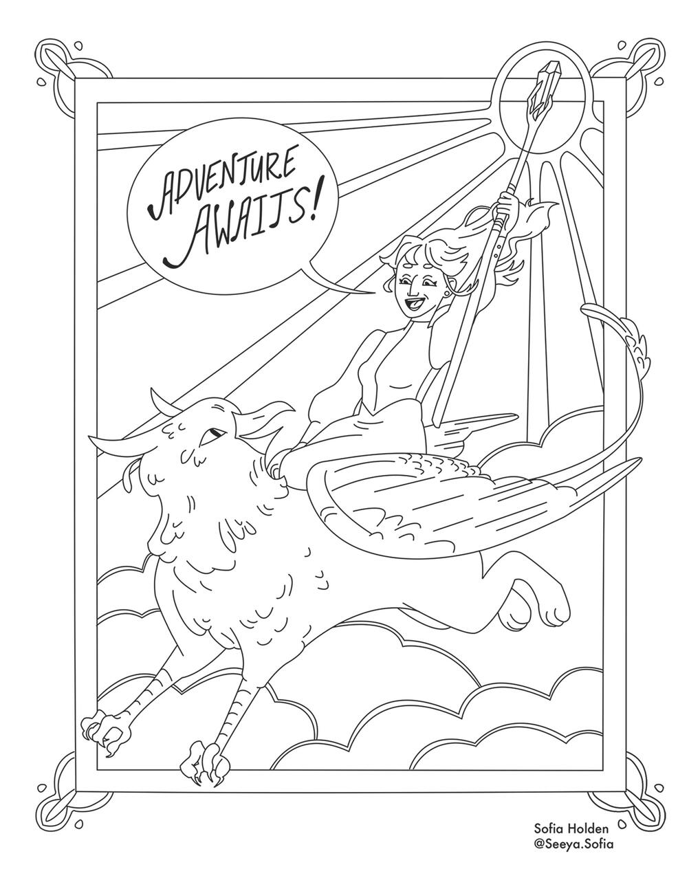 Coloring page of a person riding a hippogriff